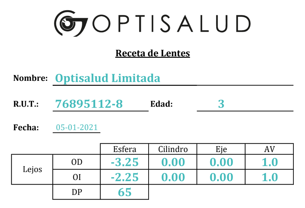 Ejemplo de receta de lentes ópticos Optisalud