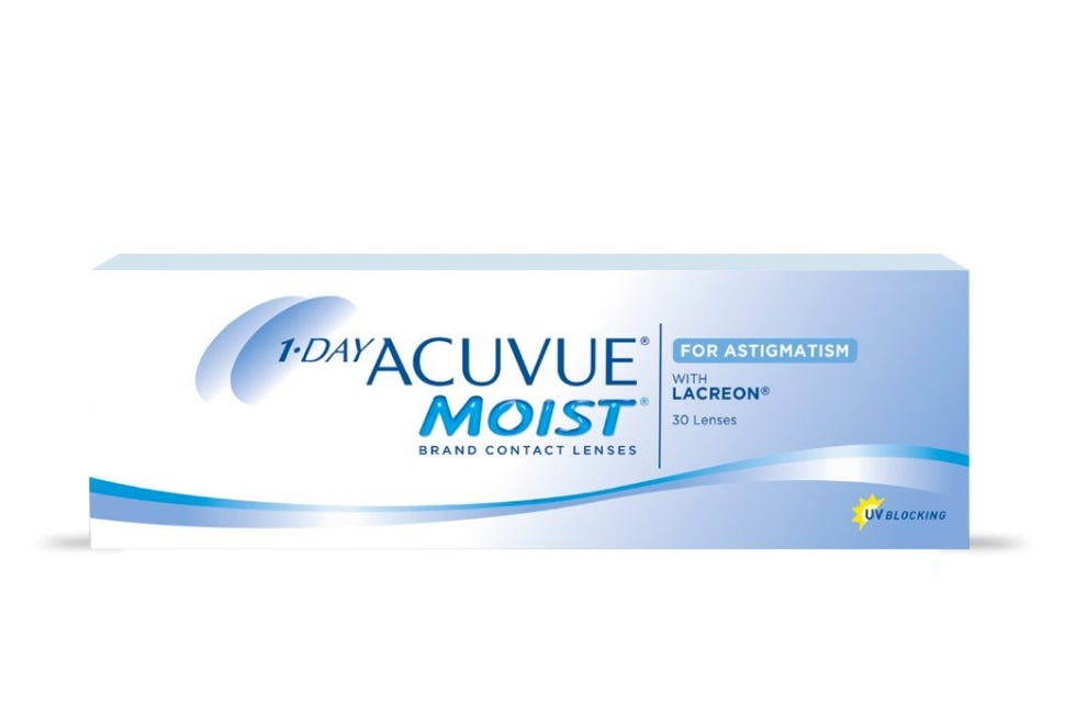 Lentes de Contacto deschables diarios tóricos 1-Day Acuvue astigmatísmo moist with Lacreon con filtro 100% UV para astigmatísmo con miopía e hipermetropía. Óptica Online Optisalud.