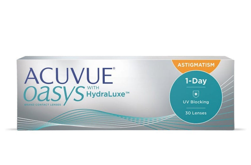 Lentes de Contacto desechable diario Acuvue oasys 1-day tórico con Hydraluxe y filtro 100% UV para astigmatísmo con miopía e hipermetropía. Óptica Online Optisalud.