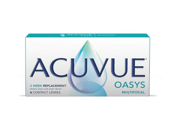 Lentes de Contacto blandos quincenales Acuvue Oasys Multifocales con filtro 100% UV para presbicia. Óptica Online Optisalud.