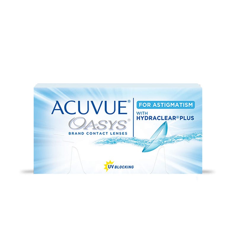 Lentes de Contacto tórico Acuvue oasys astigmatísmo con Hydraclear Plus y filtro 100% UV para astigmatísmo con miopía e hipermetropía. Óptica Online Optisalud.