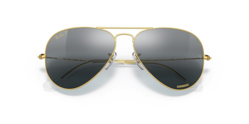 Ray Ban polarizado con tecnología chromance modelo Aviator Large Metal color legend gold y cristales color plateado azulado 