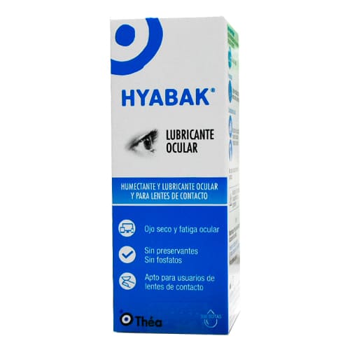 Frasco de 10 ml de la solución oftálmica lubricante Hyabak 0,15% junto a su empaque de cartón sobre un fondo blanco.