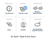 Lentes de Contacto Air Optix Aqua Night and Day. Lentes de contacto uso mensual. Lentillas de contacto Air Optix Aqua Night & Day. Óptica Online Optisalud.
