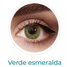 Lentes de contacto de color verde esmeralda con aumento, cosméticos de colores, Air optix colors formulados con aumento para corregir miopía o hipermetroía. Óptica Online Optisalud.